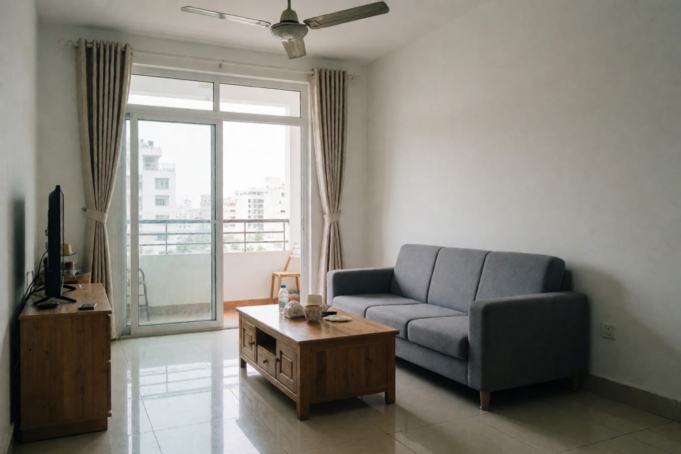 Phòng khách căn hộ chung cư với sofa nỉ xám, bàn trà gỗ thấp, kệ tivi trước tường trắng, sàn gạch men sáng và cửa kính ra ban công