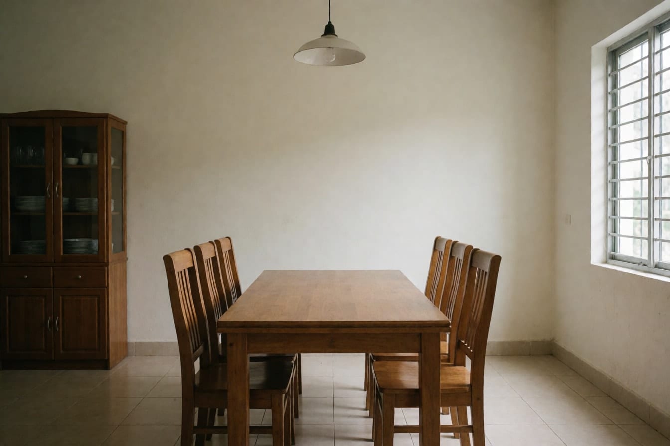 Góc bàn ăn gia đình với bàn gỗ chữ nhật sáu ghế, tường trắng ngà để trống, tủ kính bát đĩa và đèn thả phía trên