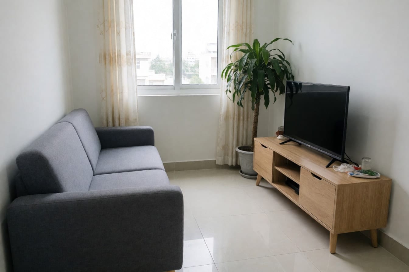 Góc phòng khách căn hộ chưa trang trí với sofa vải xám, kệ tivi gỗ sáng, cây cao trong chậu nhựa, tường trắng, sàn gạch men sáng và rèm voan cửa sổ