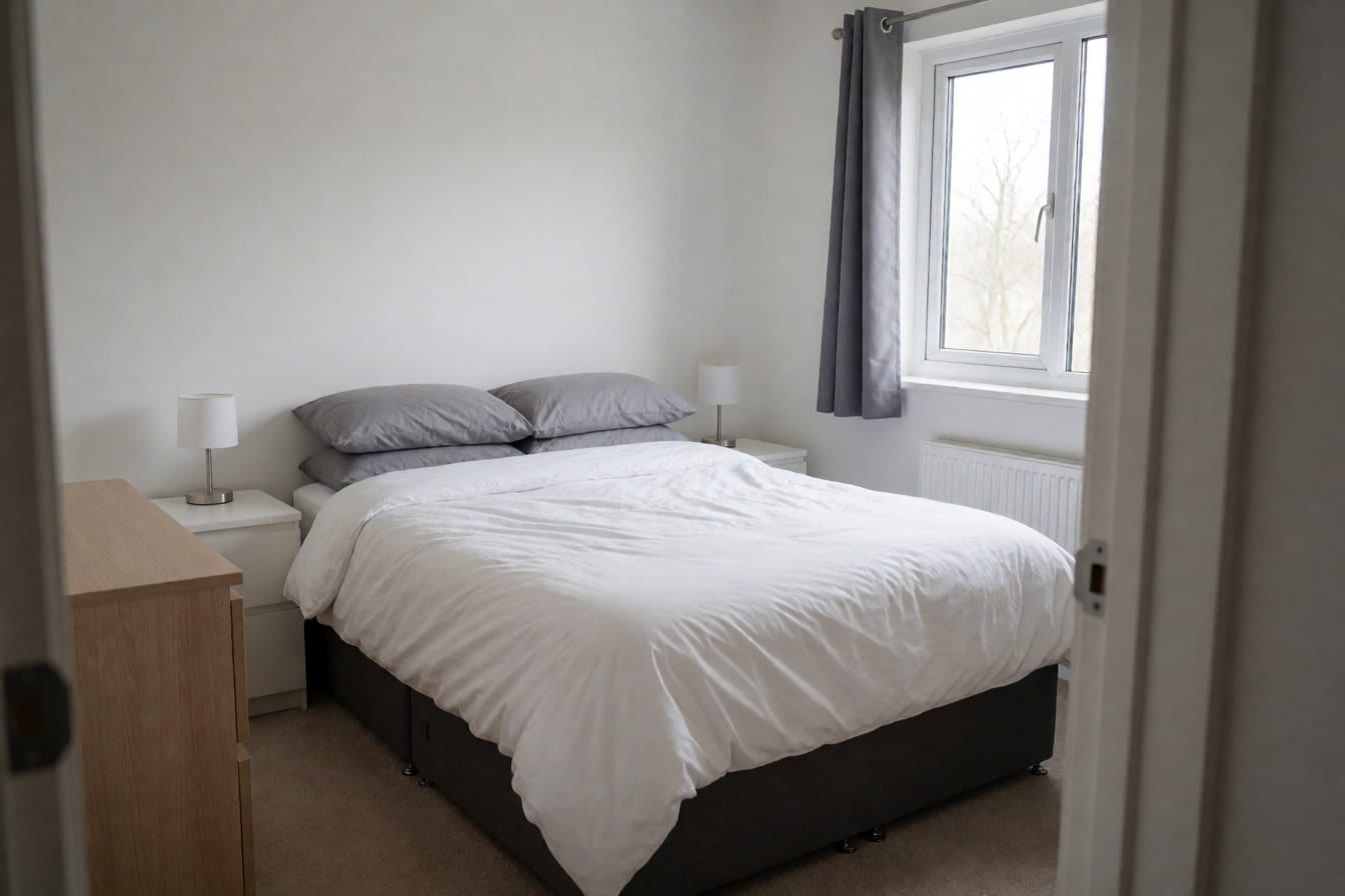 A plain bedroom with a white duvet, white walls, white bedside tables and beige carpet