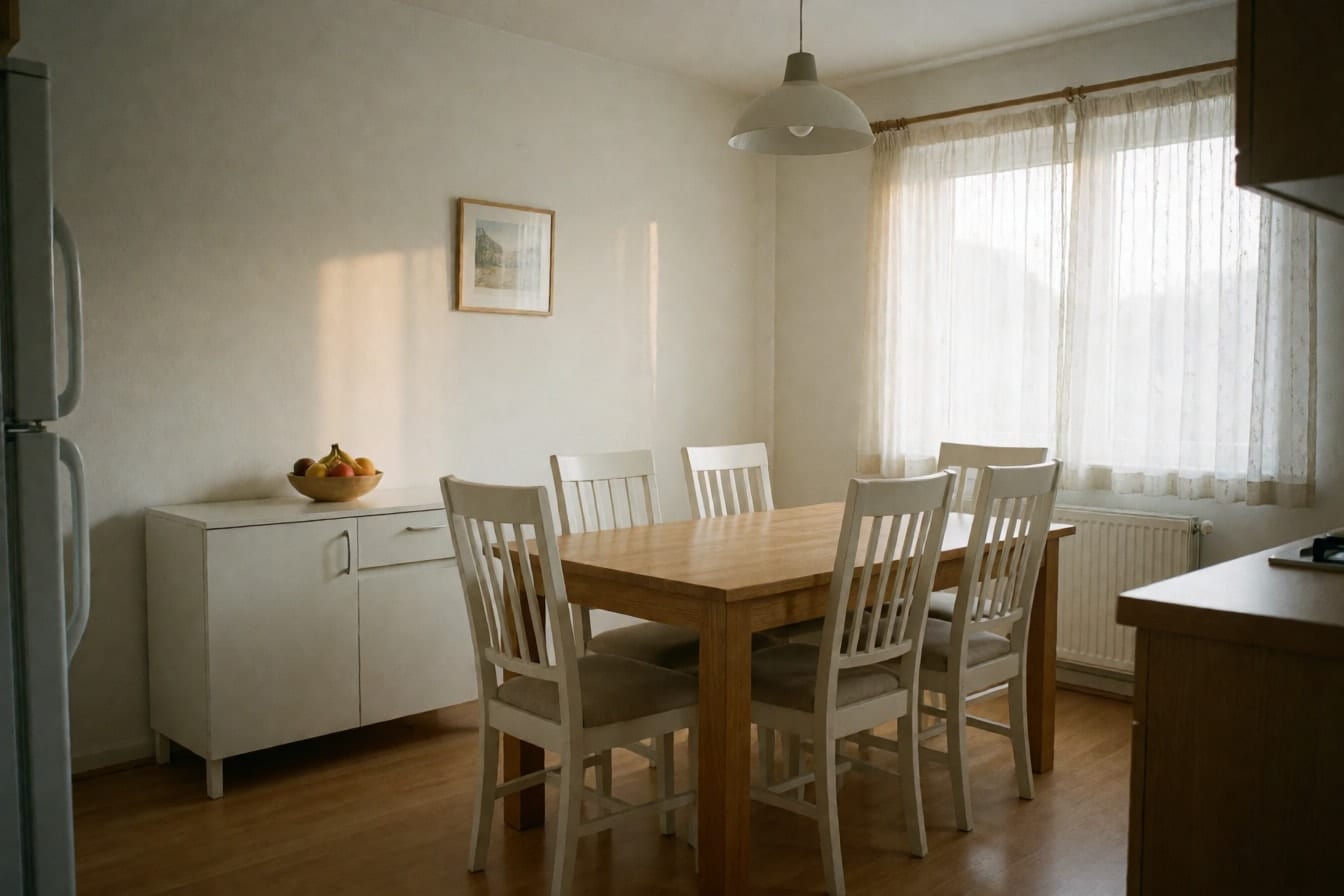 Een lichte eetkamer met een eikenhouten tafel, zes witte stoelen en kale witte muren