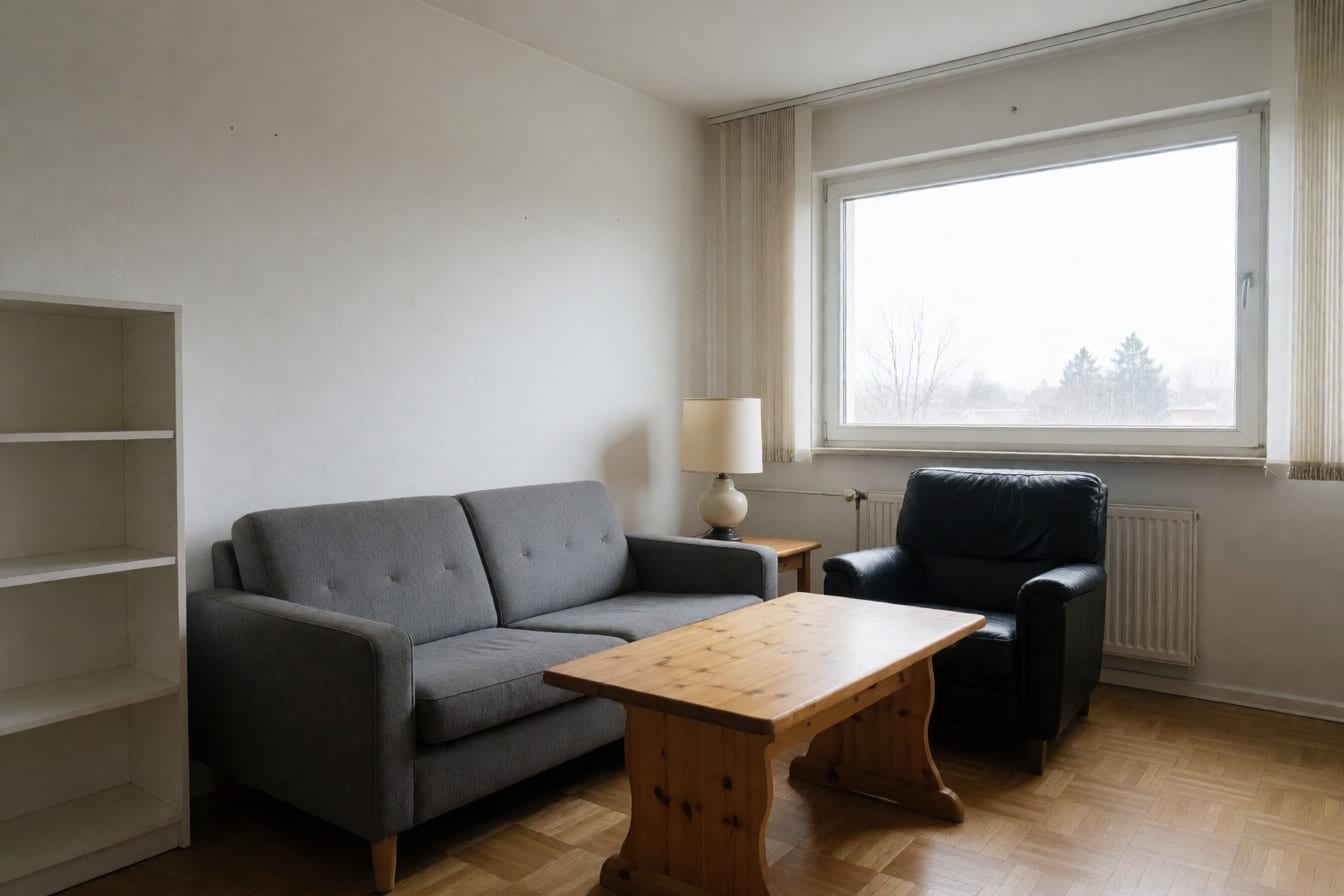 Schlichtes Wohnzimmer mit grauem Zweiersofa, schwarzem Ledersessel, Couchtisch aus Kiefer, weißem Regal, weißen Wänden und hellem Parkett