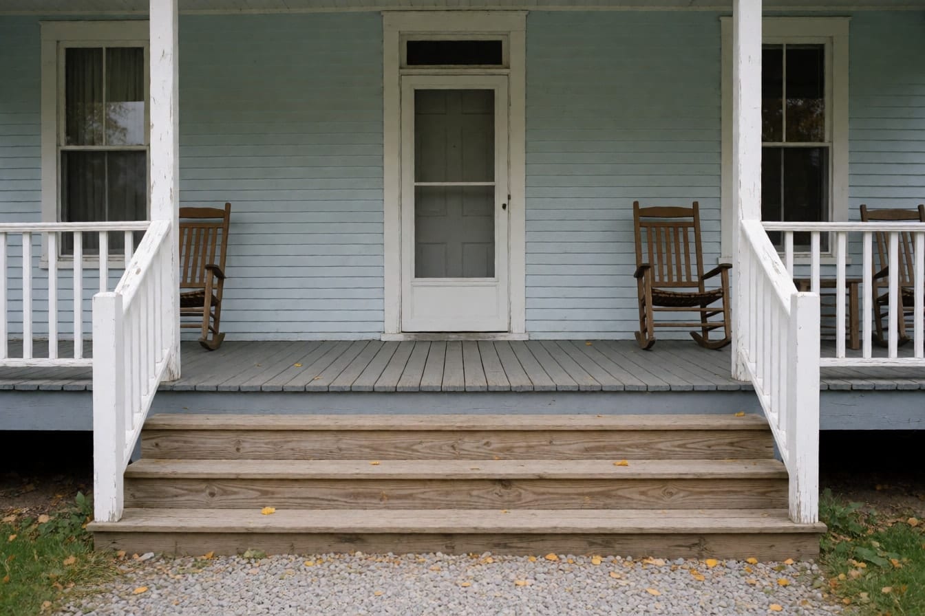 A covered wooden farmhouse porch with pale blue siding, white railings and two empty rocking chairs