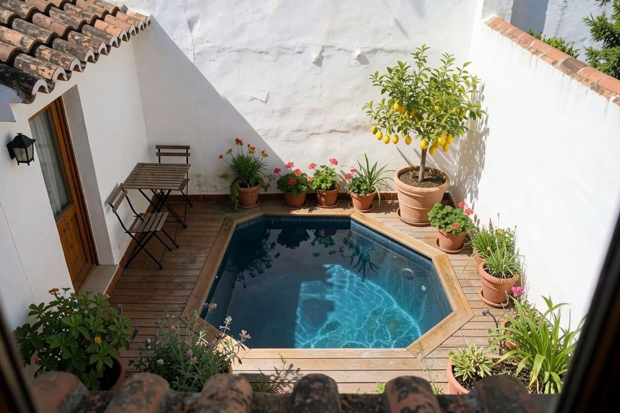 A small walled courtyard behind a town house in southern Spain, with a Plunge pool added.