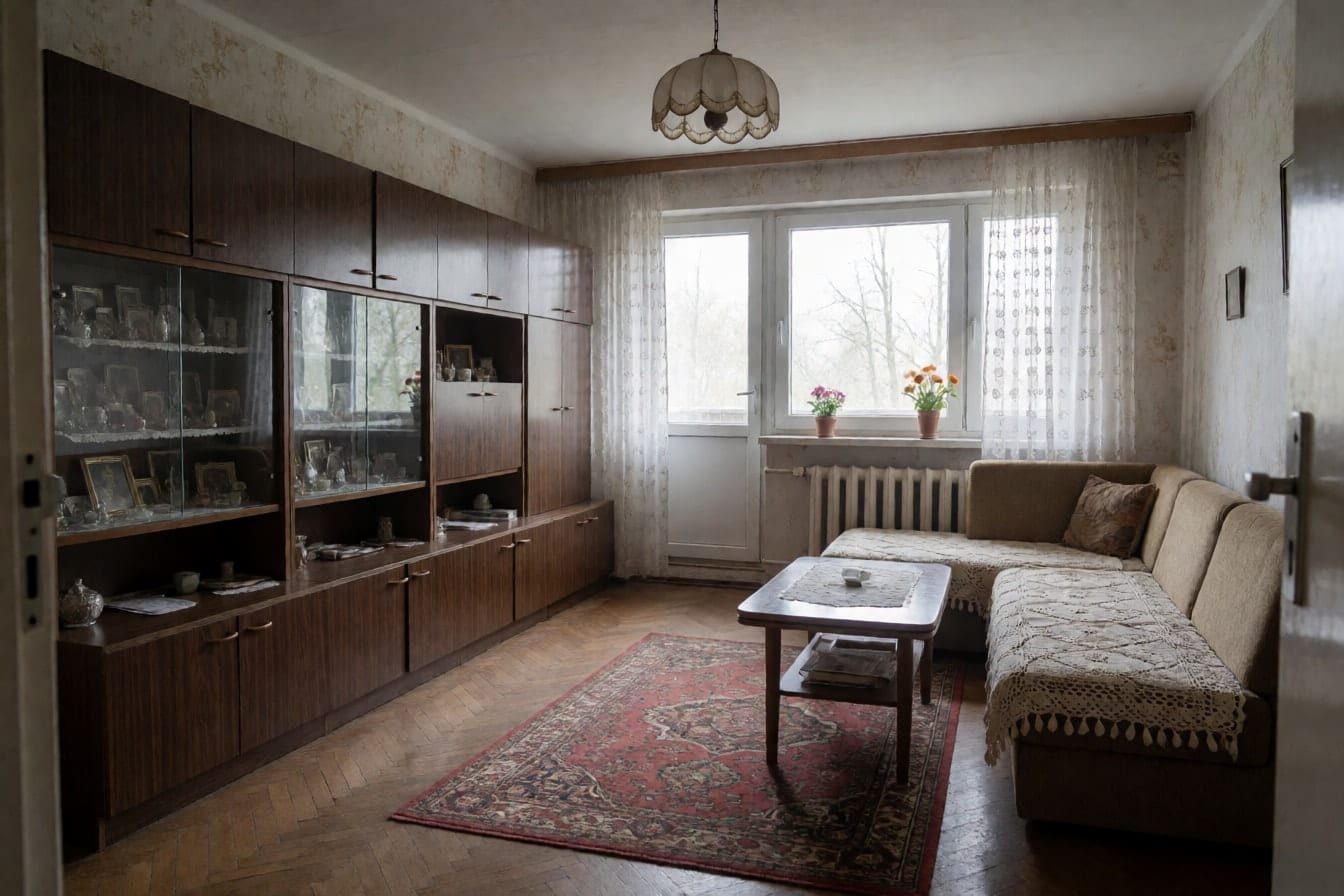 Pokój dzienny w M3 w bloku z lat 70., z ciemną meblościanką pełną bibelotów, wersalką i starym parkietem