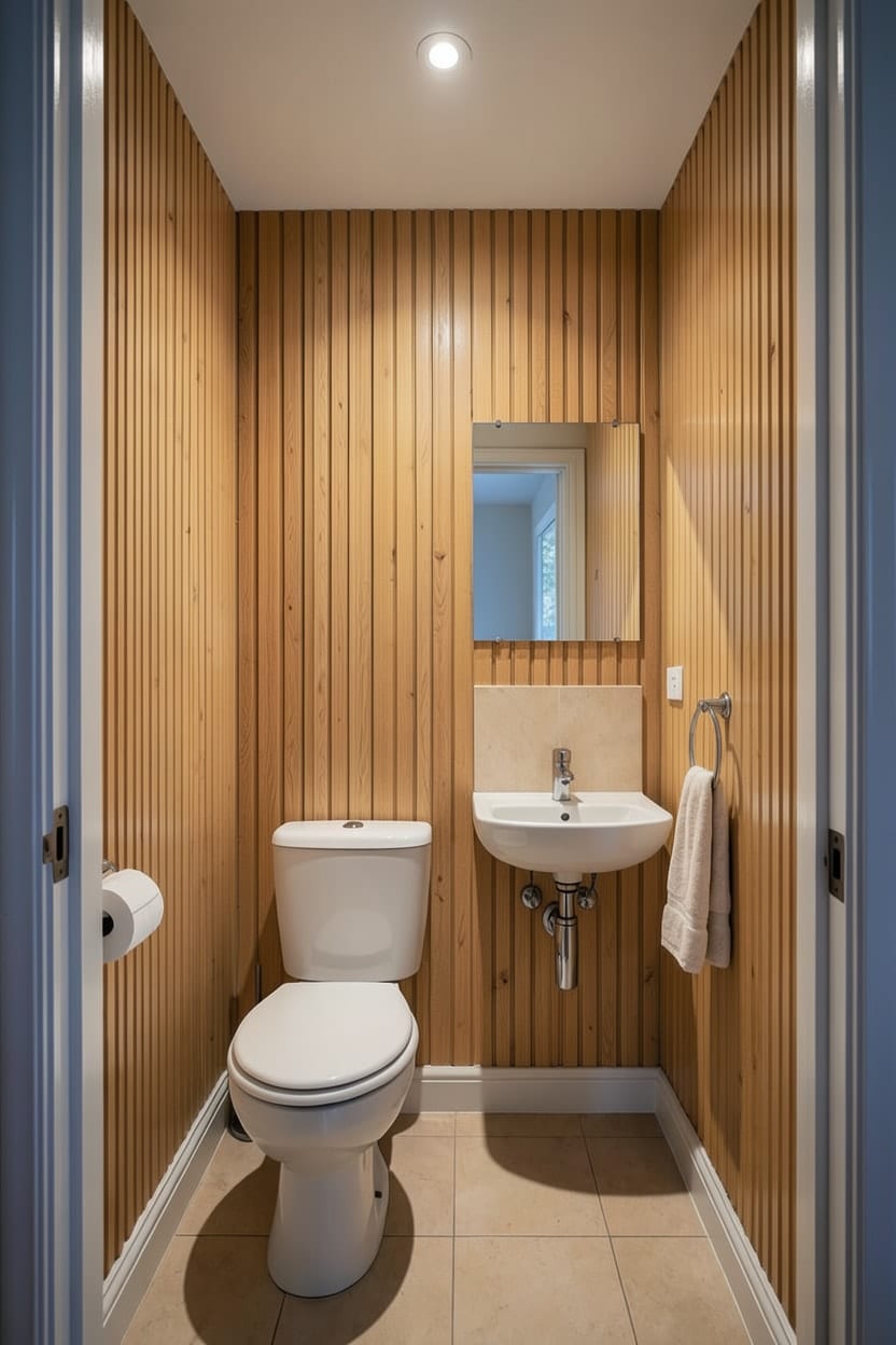 O mesmo lavabo com parede de ripas de madeira atrás da cuba