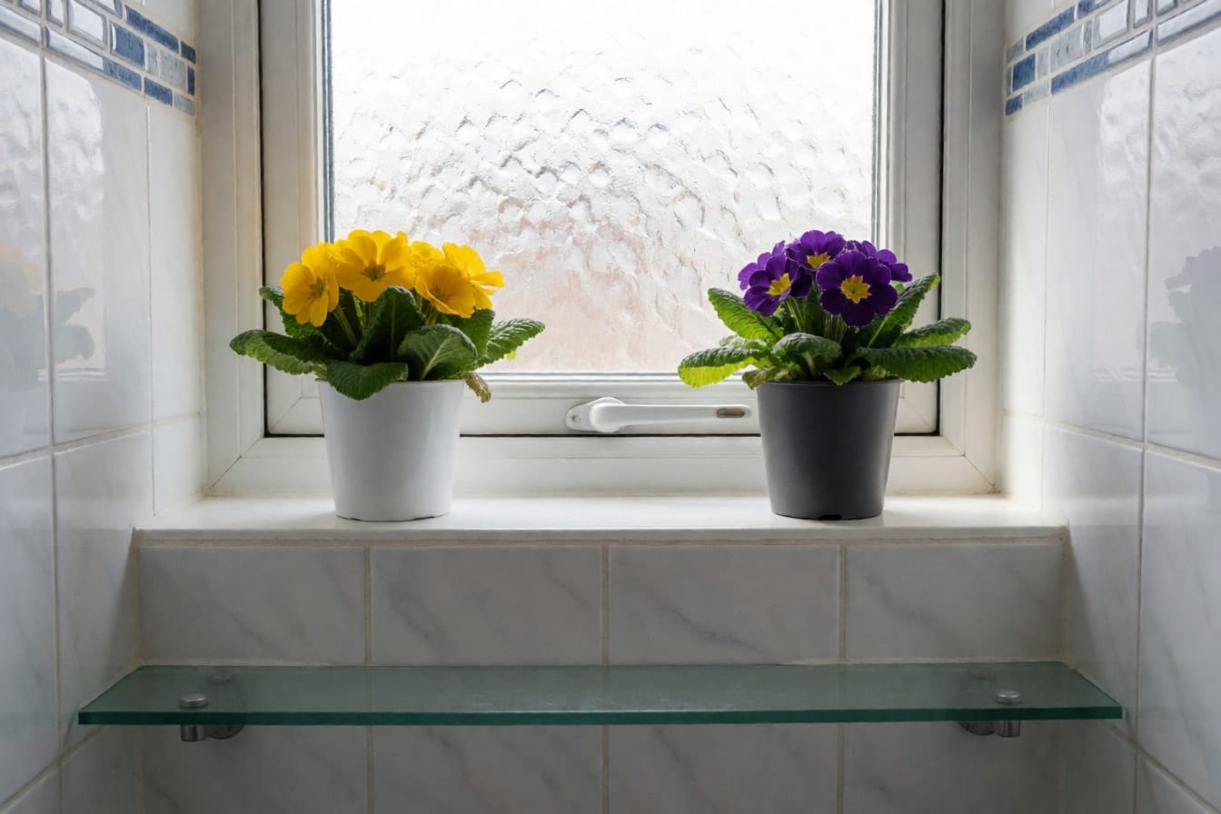 Kleines Badfenster mit gelben und lila Primeln auf einer weißen Fensterbank