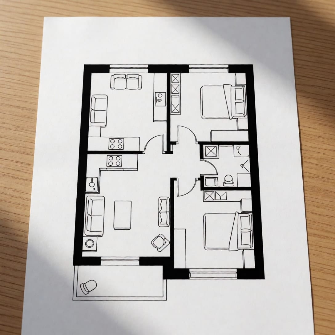 A printed black-line floor plan of a two-bedroom apartment on a wooden table