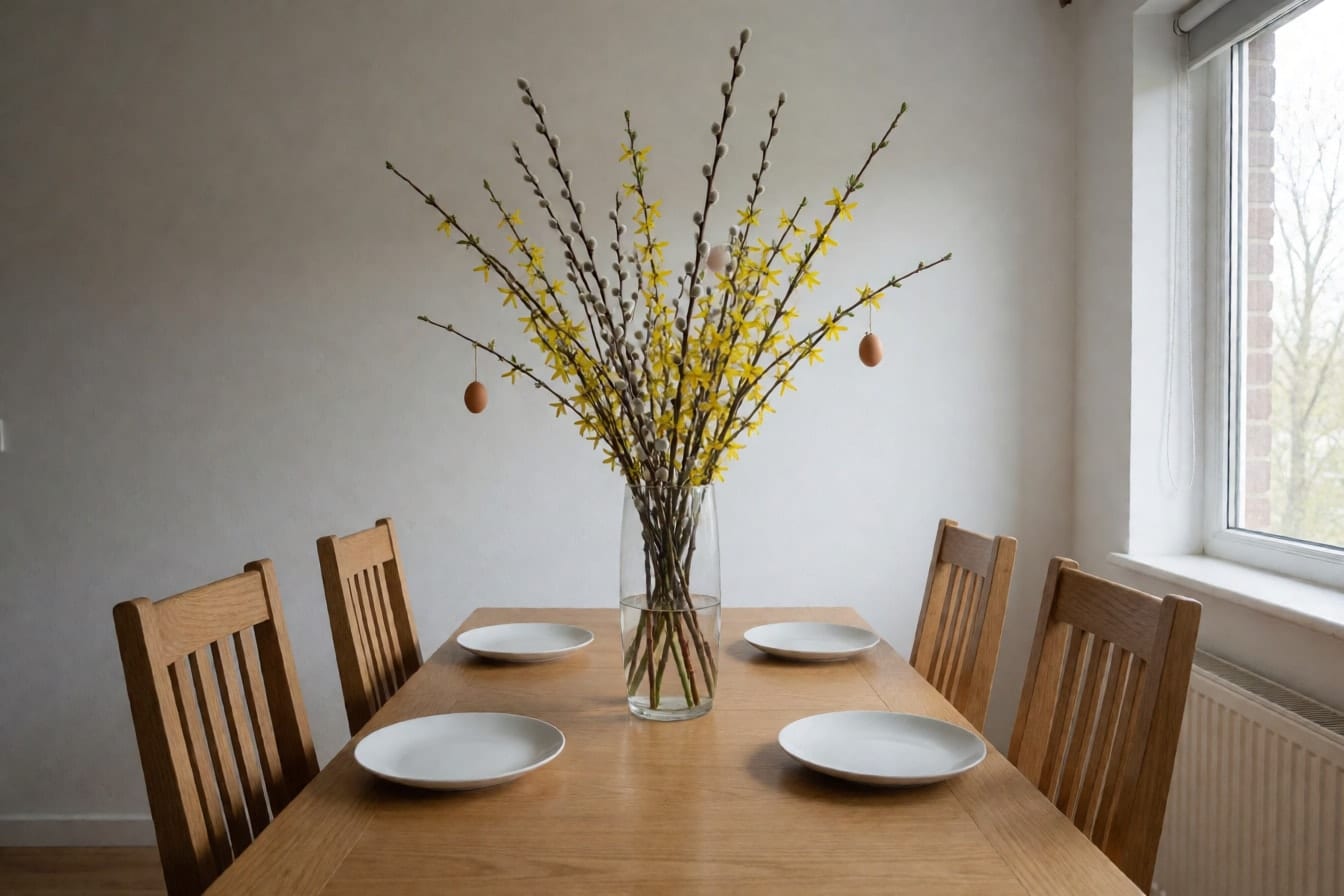 Hohe Glasvase mit Weidenkätzchen und gelber Forsythie am Ende eines hellen Esstischs, kleine Eier an den Zweigen