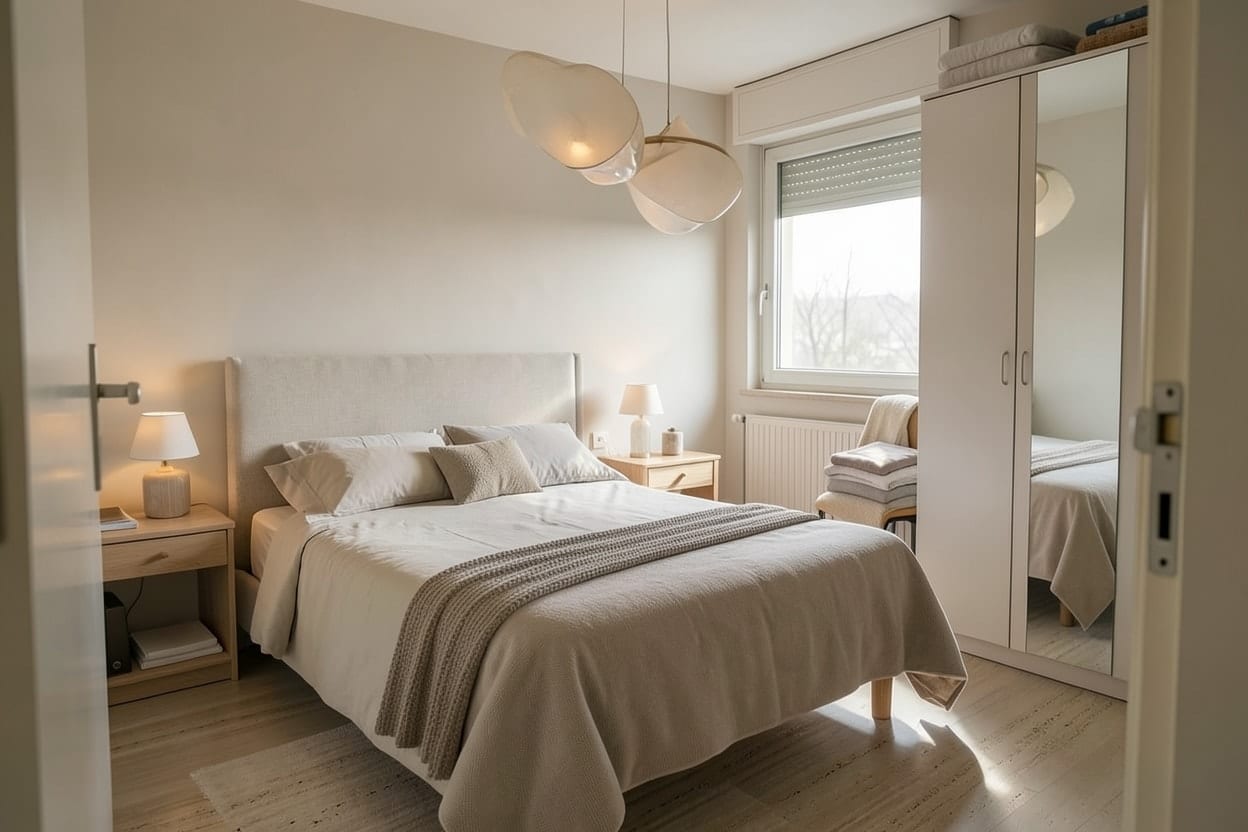 La stessa camera rinnovata in stile lusso discreto, con letto e finestra nella stessa posizione e toni pietra e tortora