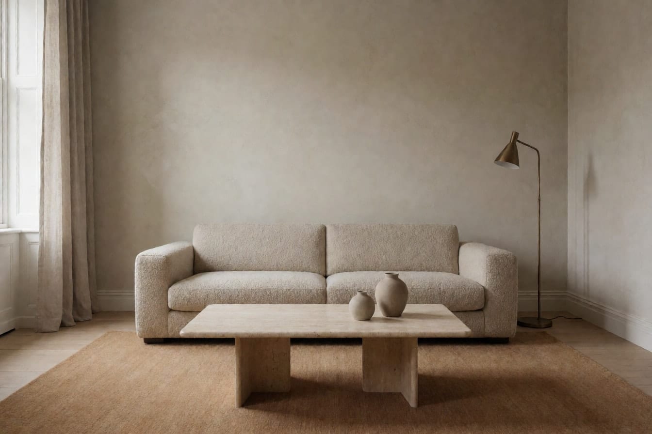 A quiet luxury living room with an oatmeal boucle sofa, a travertine coffee table and a camel wool rug