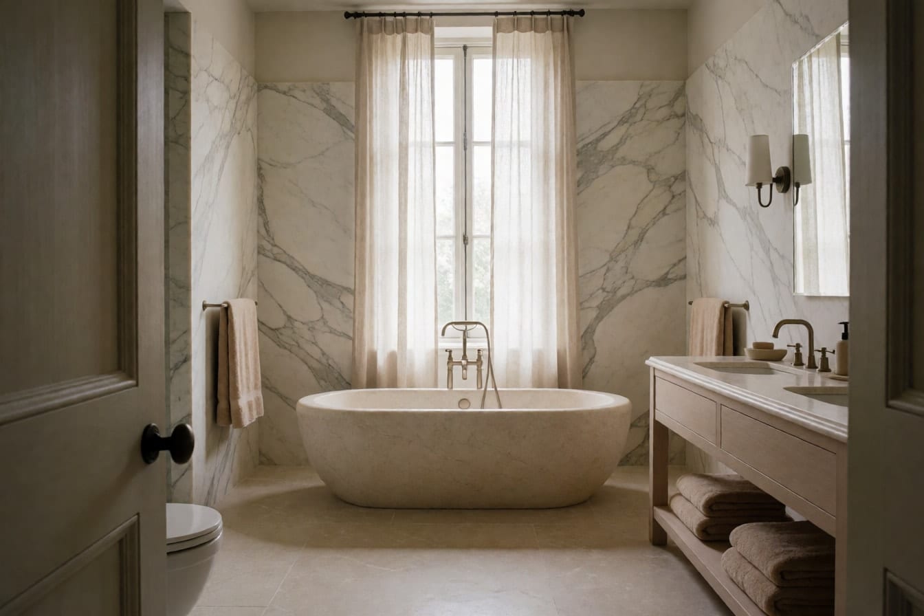 Baño amplio con paredes de mármol blanco veteado, bañera ovalada exenta bajo una ventana y doble lavabo de madera