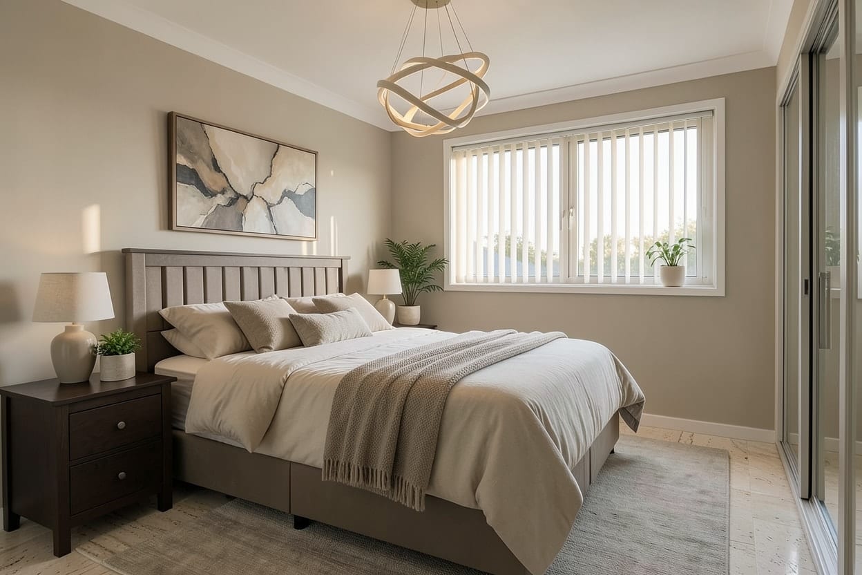 Dasselbe Elternschlafzimmer im Stil leiser Luxus mit breitem Polsterkopfteil, Bettwäsche in Creme und Taupe und bodenlangen Vorhängen