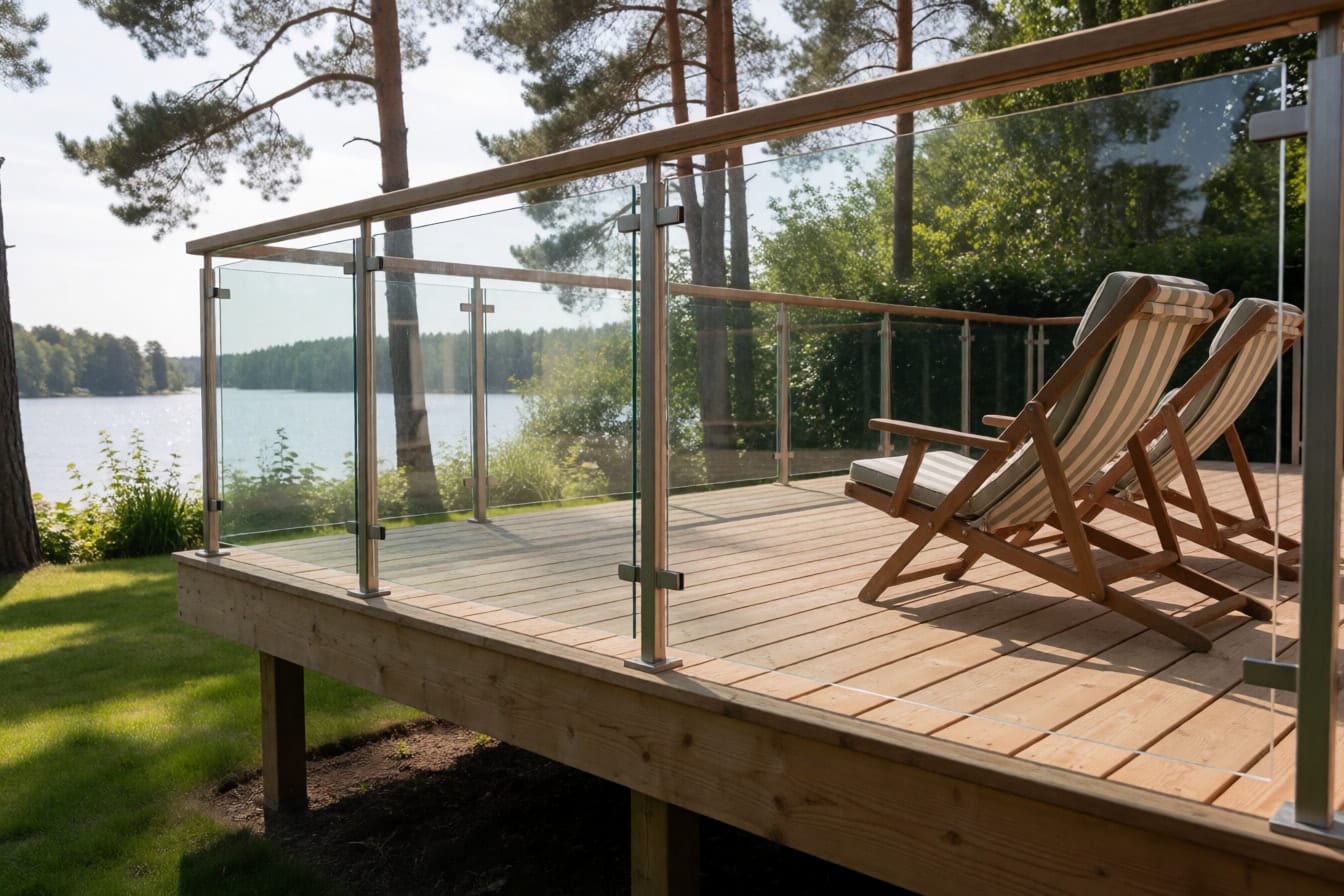 Upphöjd trall med glasräcke på smala stålstolpar och ledstång av trä, två solstolar och utsikt över en sjö och tallar