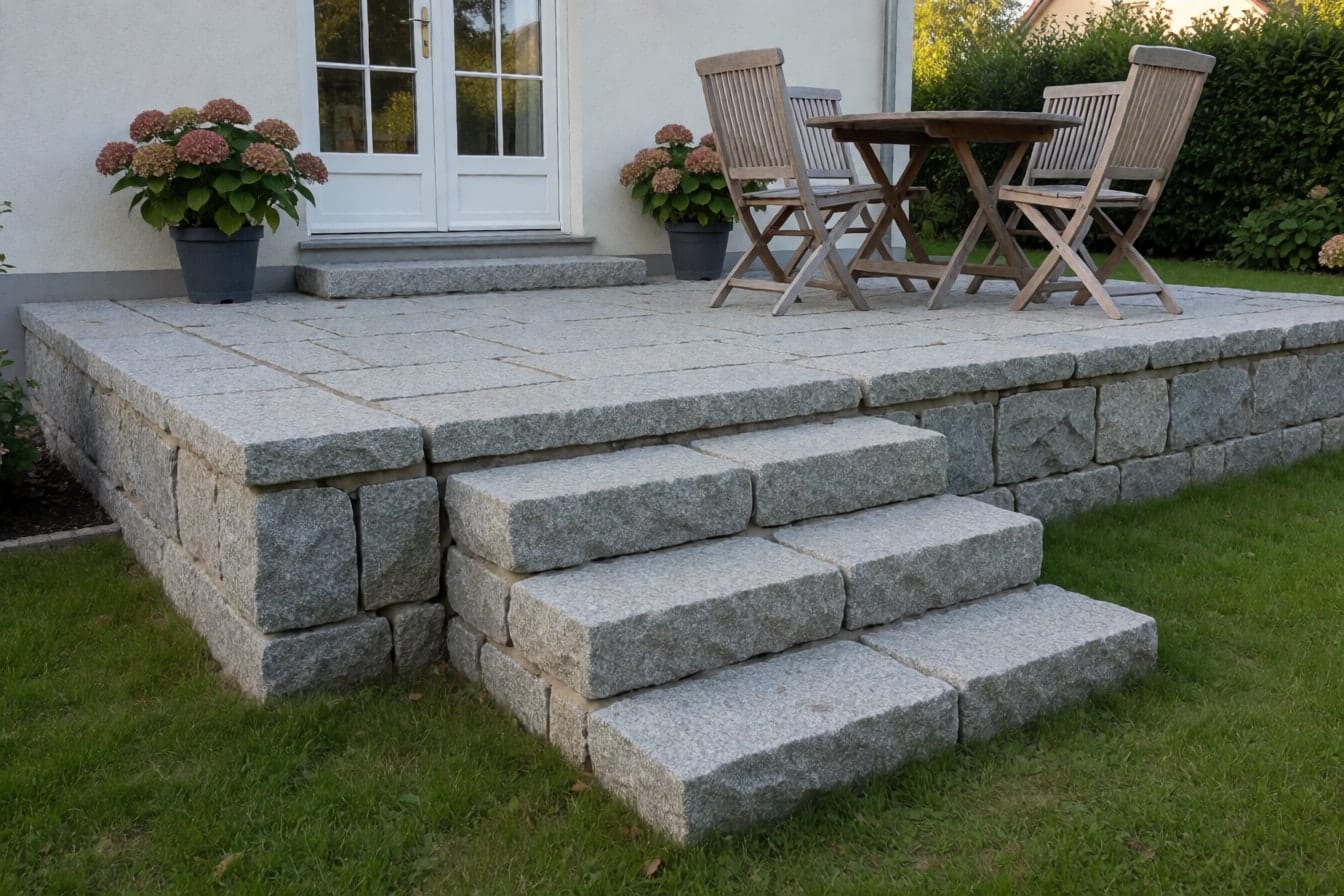 Upphöjd uteplats med en låg mur av kluven grå granit, breda granittrappsteg ner till gräsmattan och ett runt bord med fyra trästolar