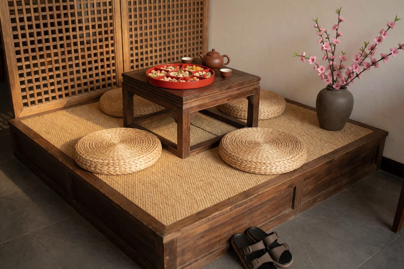 Bục gỗ trải chiếu cói trong góc quán với bàn thấp, ấm trà đất nâu, khay sơn mài đỏ đựng mứt, nệm ngồi, bình đào và đôi dép ở mép bục