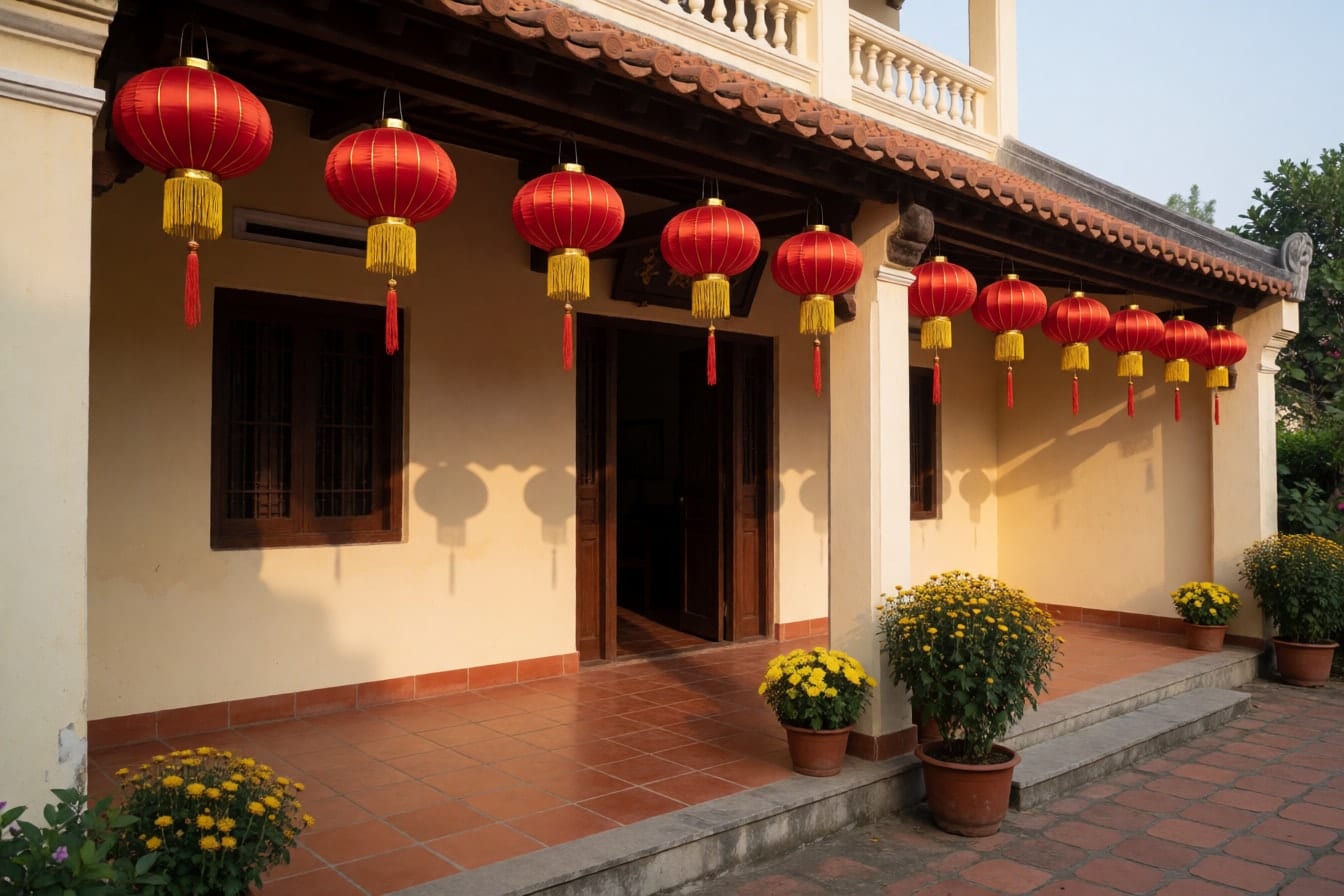 Hiên nhà hai tầng tường kem với hàng đèn lồng đỏ tua vàng treo dưới mái, chậu cúc bên chân cột, sàn gạch nung