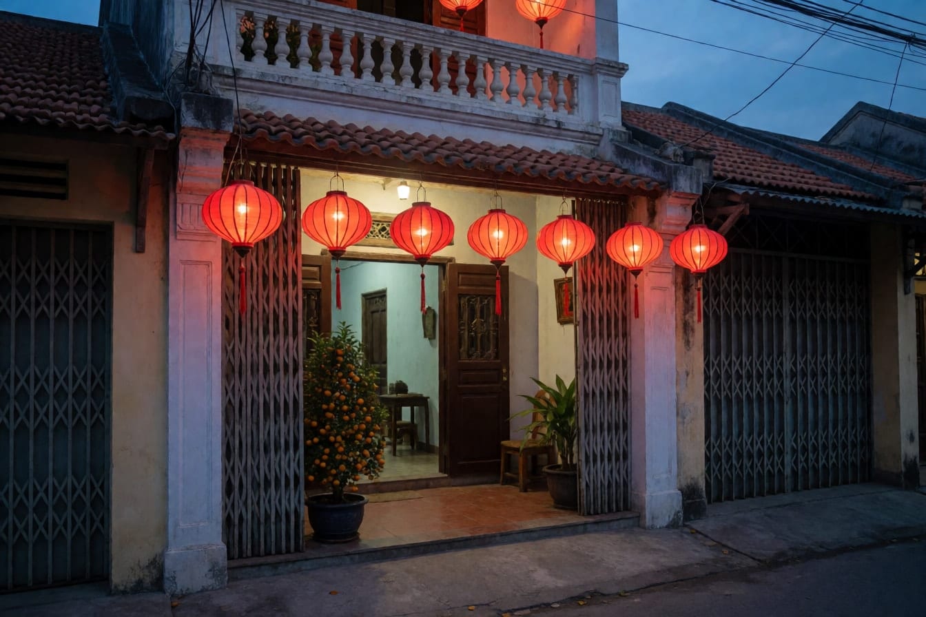 Hàng đèn lồng lụa đỏ sáng dọc hiên và ban công một căn nhà ống lúc chạng vạng, chậu quất ở cửa, cửa xếp sắt mở một nửa