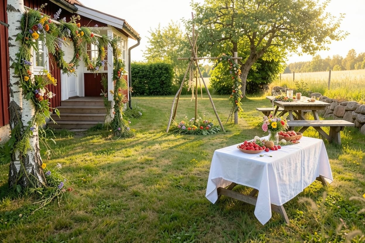 The lawn of a small red wooden summer cottage in the countryside, decorated outdoors for Midsummer.