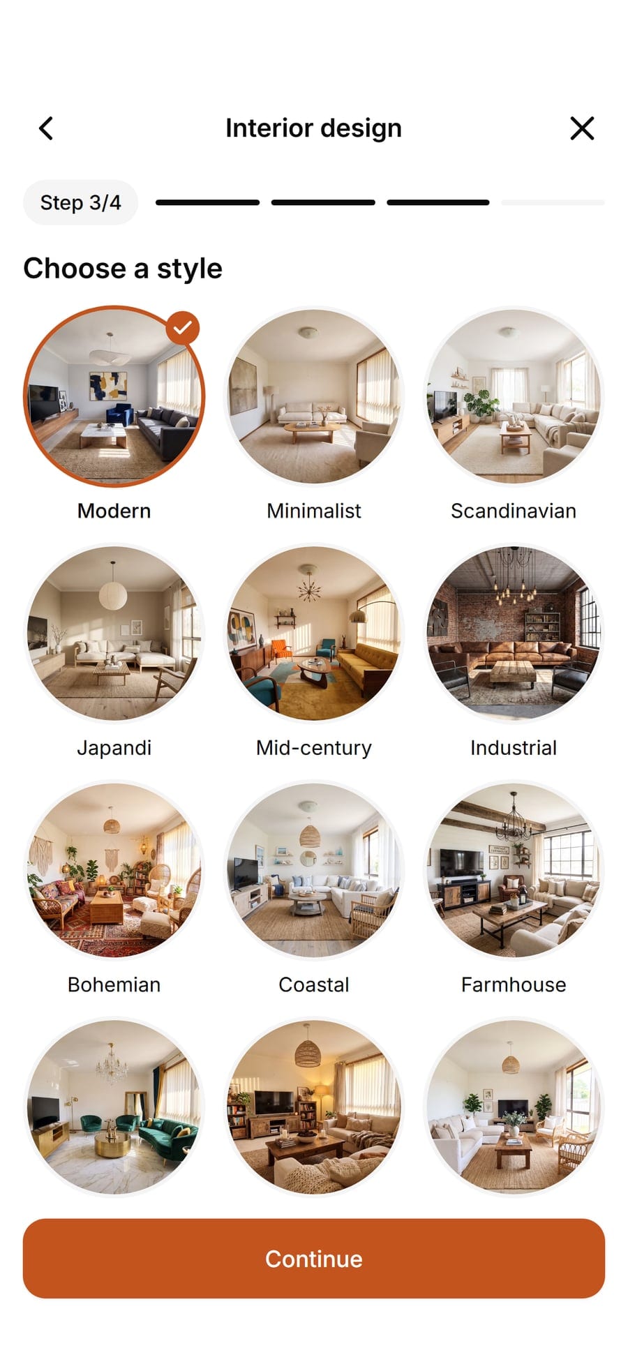 The Renova app on a phone showing a grid of interior style choices with a photo for each