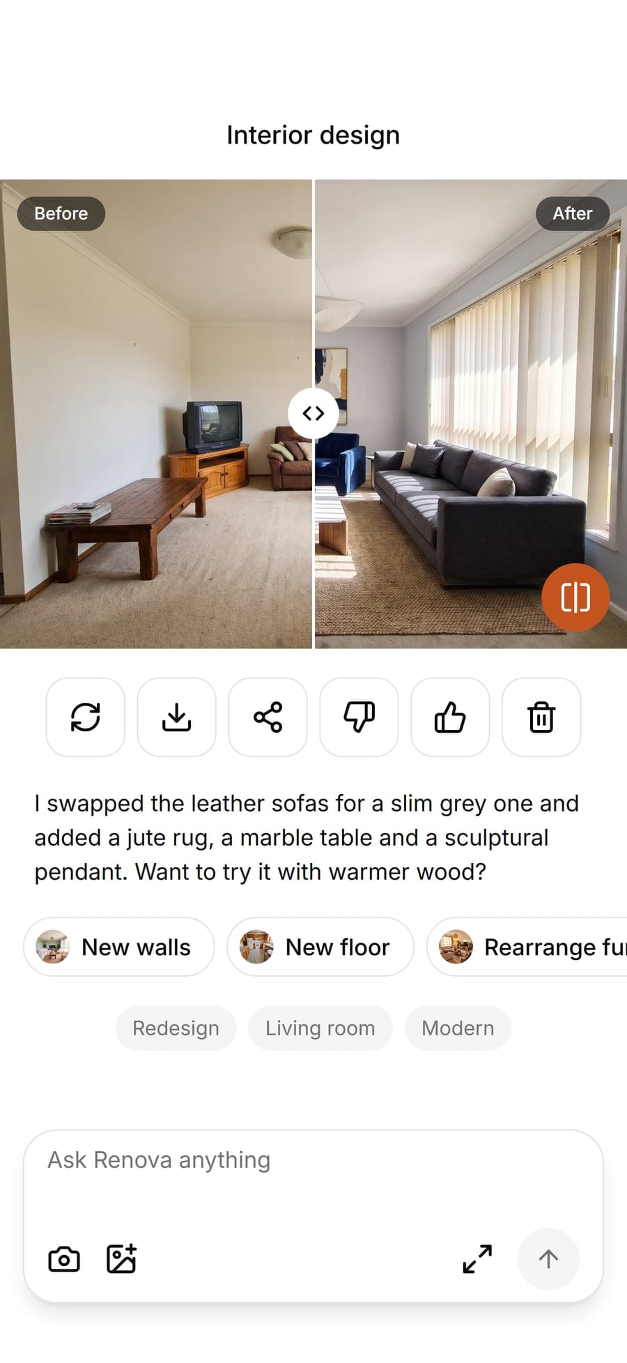 The Renova app comparing a dated living room and its redesign with a slider down the middle