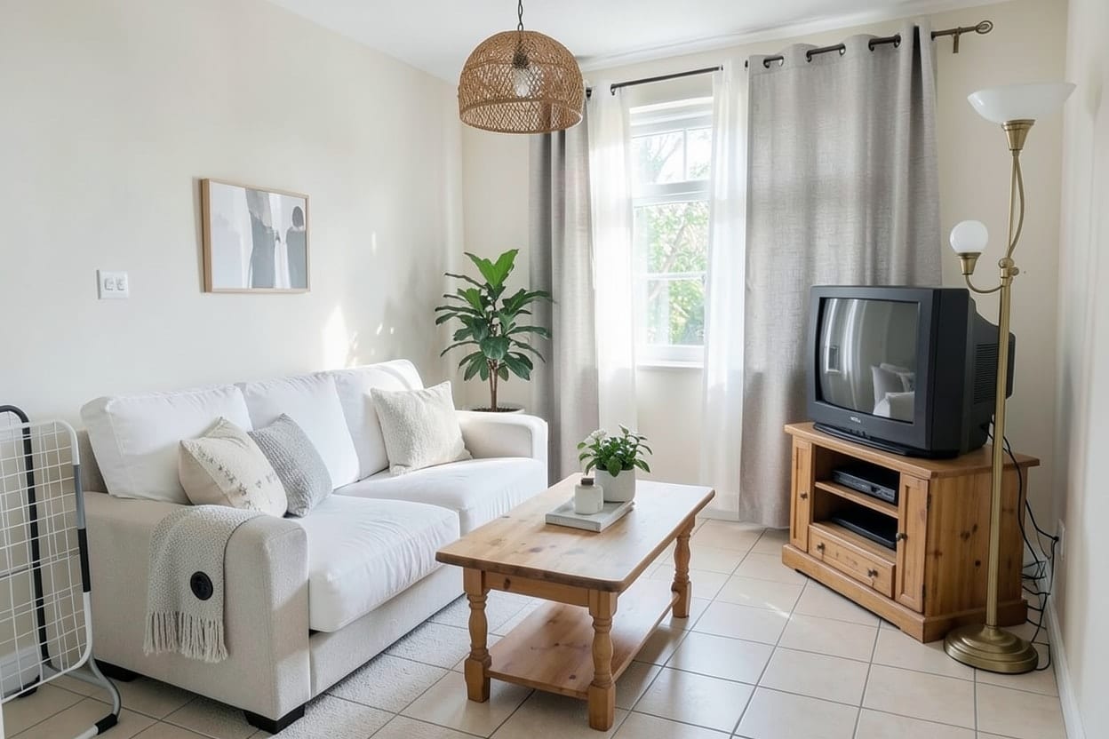 The same rental living room restyled guest-ready in neutral tones with new furniture and fresh textiles