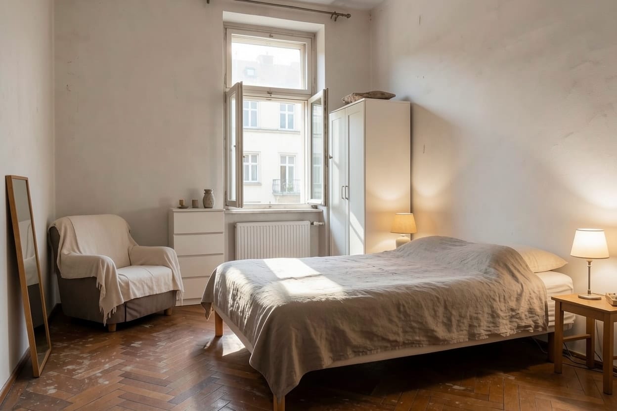A rented bedroom whose bed stood in line with the door, rearranged for Feng shui.