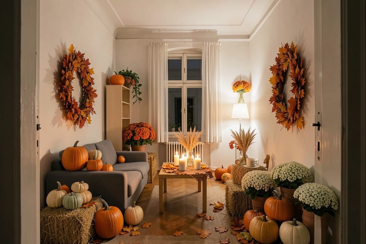 The living room of a small rented flat in Leipzig in the evening, decorated for an autumn harvest, with its furniture kept.