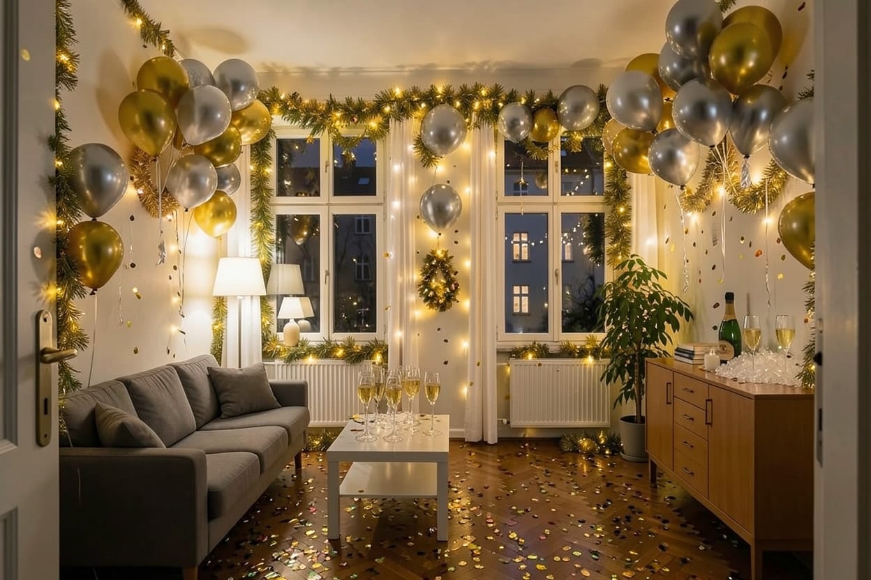 The living room of a rented flat in an old city building, photographed on a winter evening and decorated for New Year's Eve.