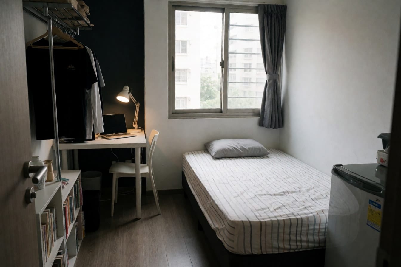 約 8 坪的出租套房：單人床擋住半扇窗，書桌擠在陰暗角落