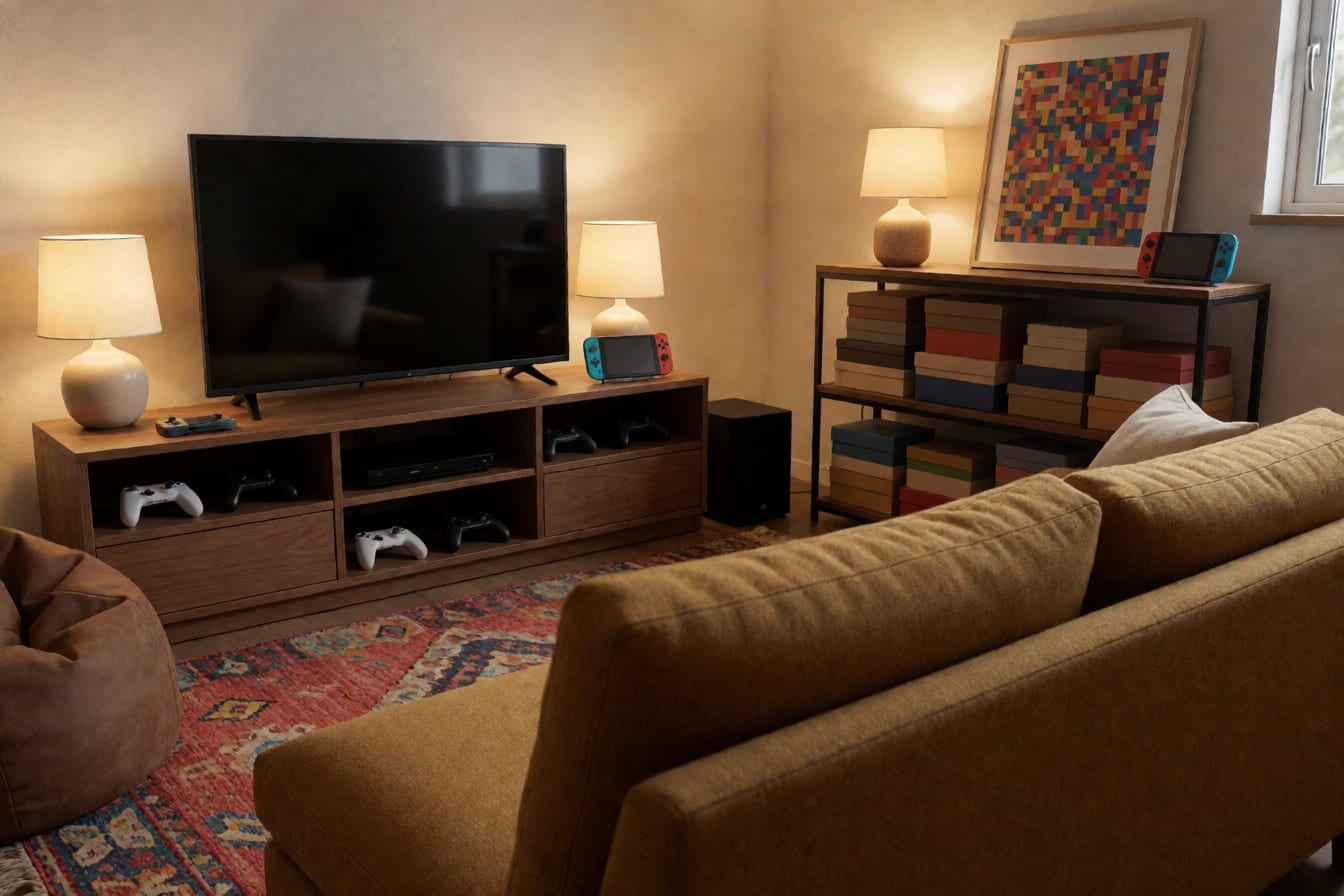 からし色のソファがテレビに向き、棚にゲーム機とボードゲームが並ぶ、柄物のラグを敷いたゲーム部屋
