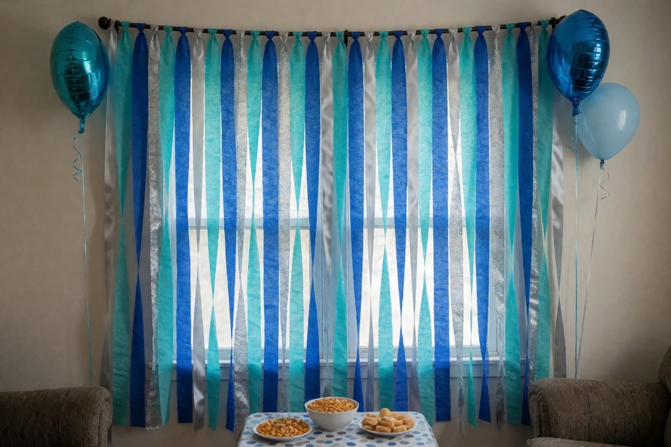 Backdrop ng asul, teal at pilak na crepe streamers at satin ribbon sa curtain rod, may ilang foil balloon at mesa ng meryenda