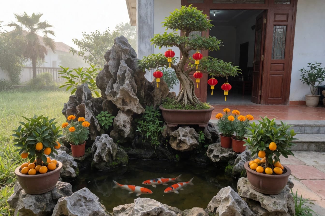 Hòn non bộ có cây bonsai và hồ cá koi nhỏ ở sân trước, đèn lồng đỏ nhỏ treo trên cây, hai chậu quất hai bên hồ và vài chậu vạn thọ vàng