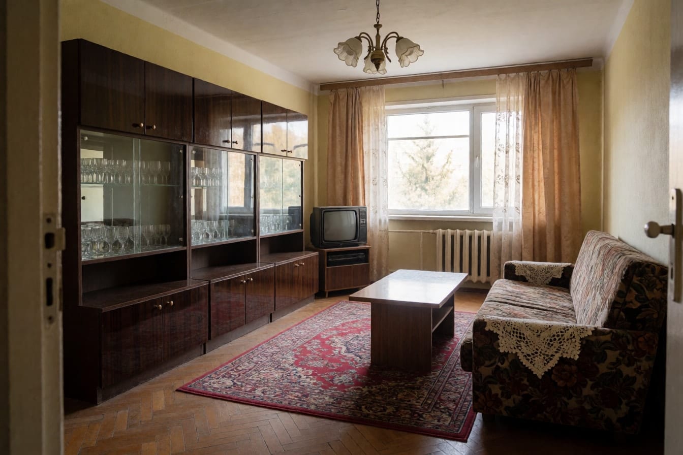 Living de bloc cu bibliotecă lăcuită plină de pahare de cristal, canapea înflorată cu mileuri croșetate și parchet uzat