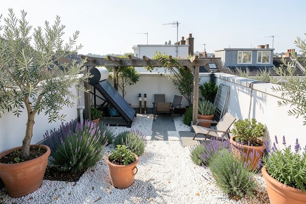 Lo stesso terrazzo come giardino mediterraneo con ulivo, lavanda e rosmarino in vasi di terracotta e un pergolato che fa ombra sui posti a sedere