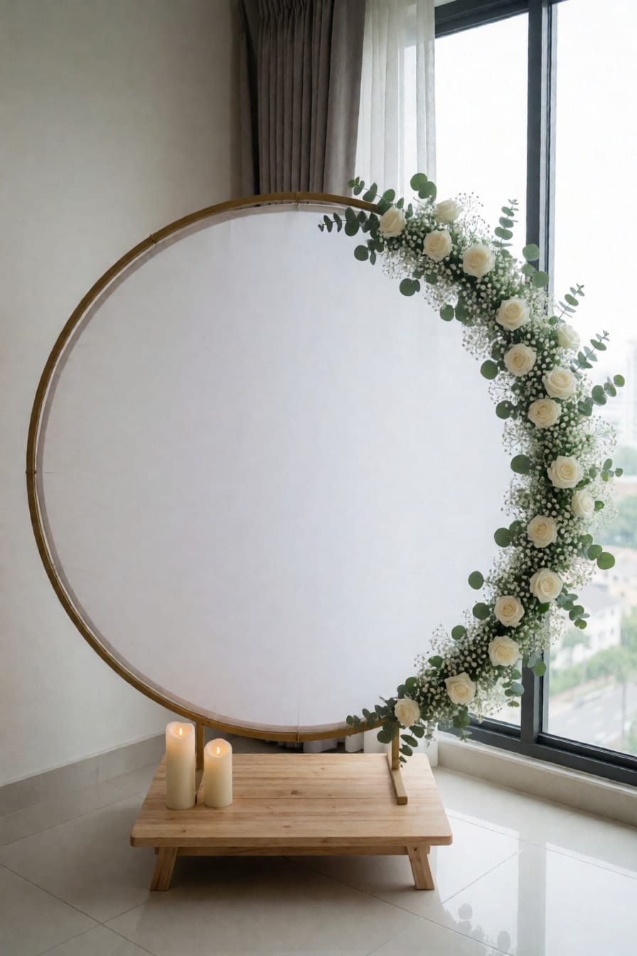 Bilog na puting panel na may gintong hoop at puting rosas, baby's breath at eucalyptus, dalawang kandila at mababang bangko sa sulok ng condo