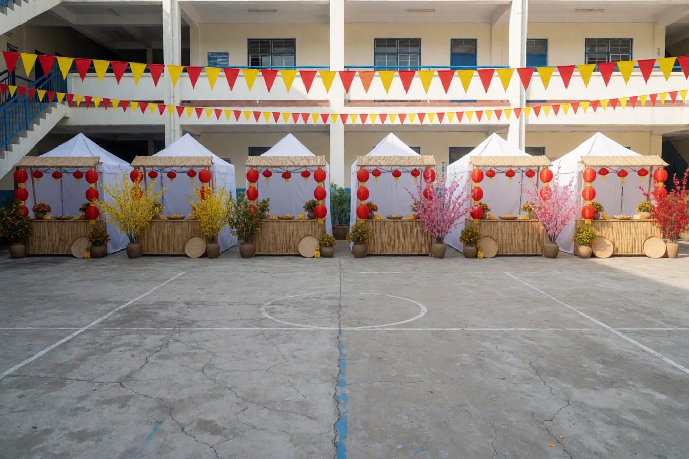 Dãy sáu gian hàng hội chợ Tết dọc sân trường, lều trắng và sạp tre với đèn lồng, mai, đào, chậu quất, nối bằng dây cờ đỏ vàng