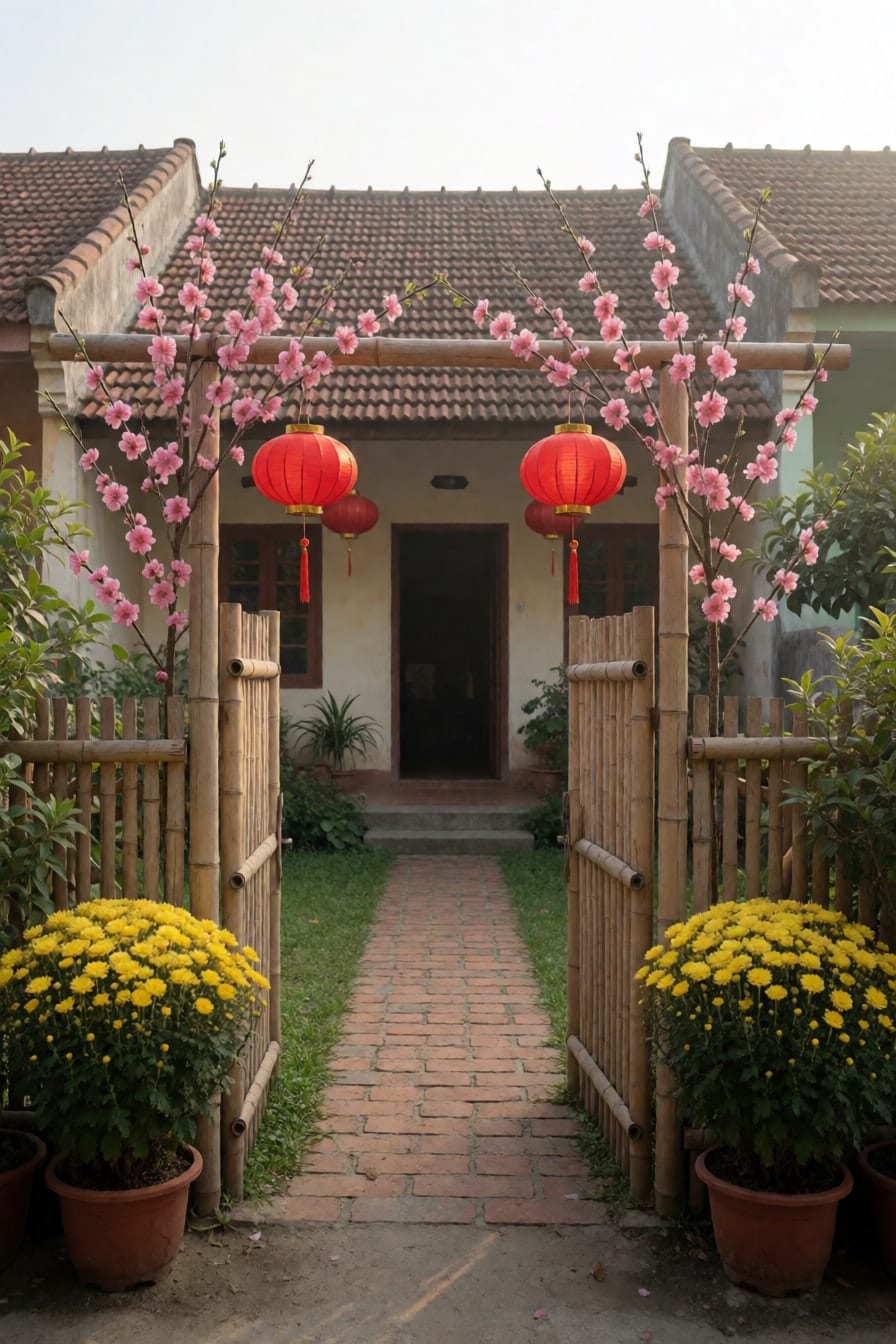 Cổng tre ở lối vào sân trước, xà ngang quấn cành đào hồng và treo đèn lồng đỏ tròn, hai bên là chậu cúc vàng, lối gạch dẫn vào nhà mái ngói