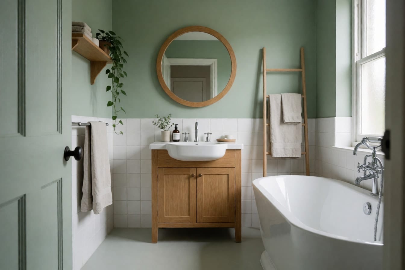 Baño con paredes verde salvia sobre azulejo blanco, mueble de roble claro, bañera exenta y escalera toallero