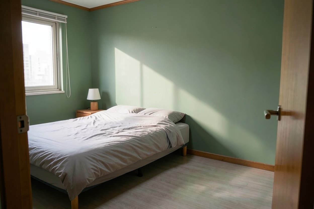 A small rented studio bedroom in Seoul, its plain white walls painted Sage green.