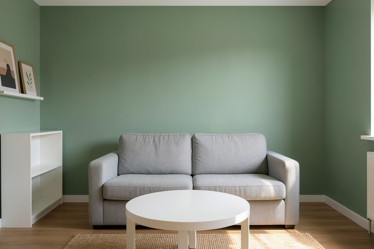 The same living room with sage green walls and the furniture unchanged