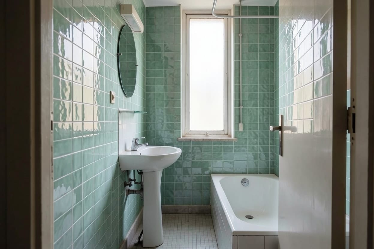 A small bathroom in an old Lisbon apartment, its painted walls covered in Zellige.