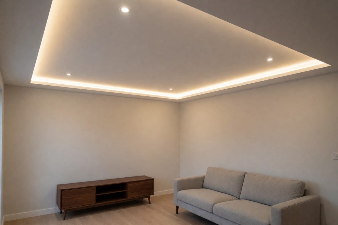 Kenarında gizli sıcak LED ışık parlayan sığ alçı asma tavanlı modern bir salon