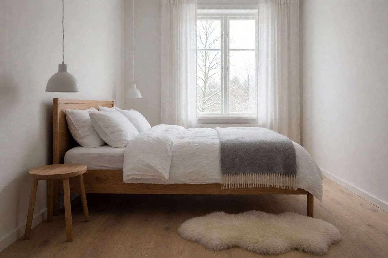 Skandinavisches Schlafzimmer mit warmweißen Wänden, breiten Eichendielen, Eichenbett mit weißer Leinenbettwäsche, grauer Wolldecke und Lammfell