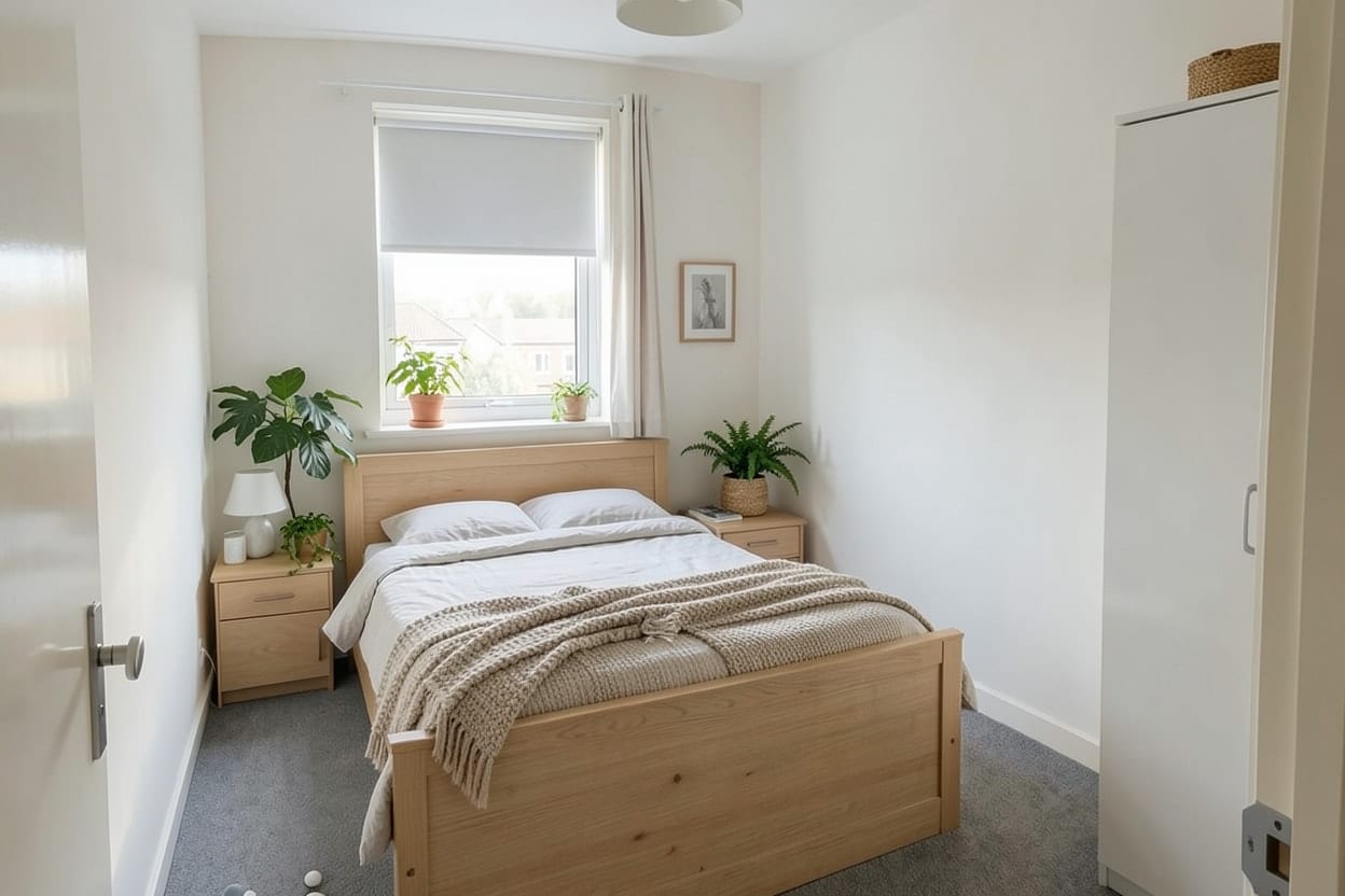Dasselbe Schlafzimmer im skandinavischen Stil mit Bett aus heller Eiche, weißer Bettwäsche, Wolldecke und hellen Wänden, die Aufteilung unverändert