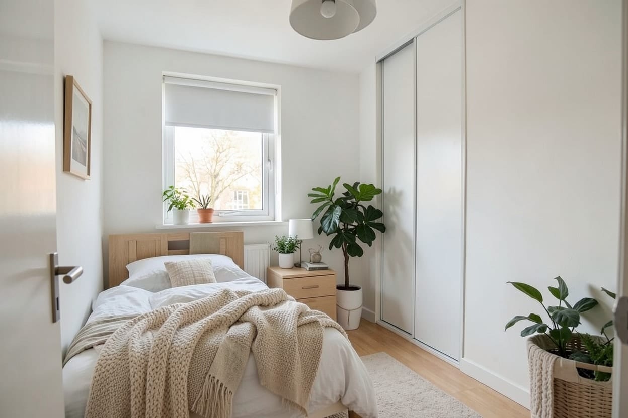 The same bedroom redesigned in Scandinavian style with a pale wood bed, white linens and soft textiles