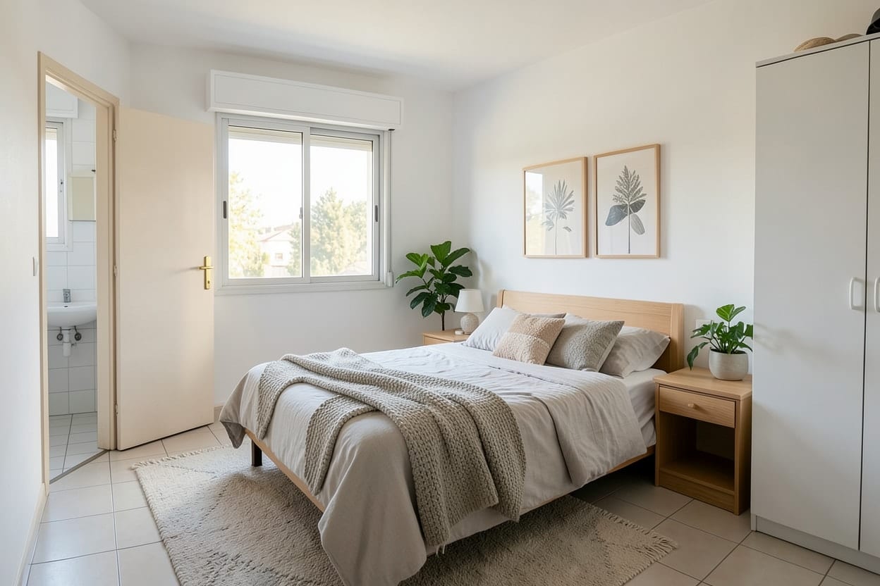 El mismo dormitorio decorado en estilo escandinavo con ropa de cama clara y madera, y el baño al fondo
