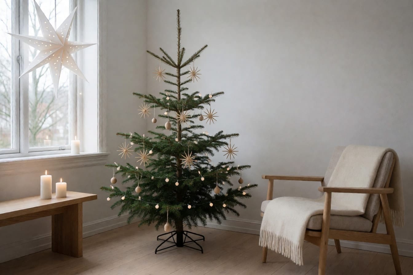 Maliwanag na sulok ng sala na may payat na Christmas tree, dayaming bituin, papel na bituin sa bintana at puting kandila sa kahoy na bangko