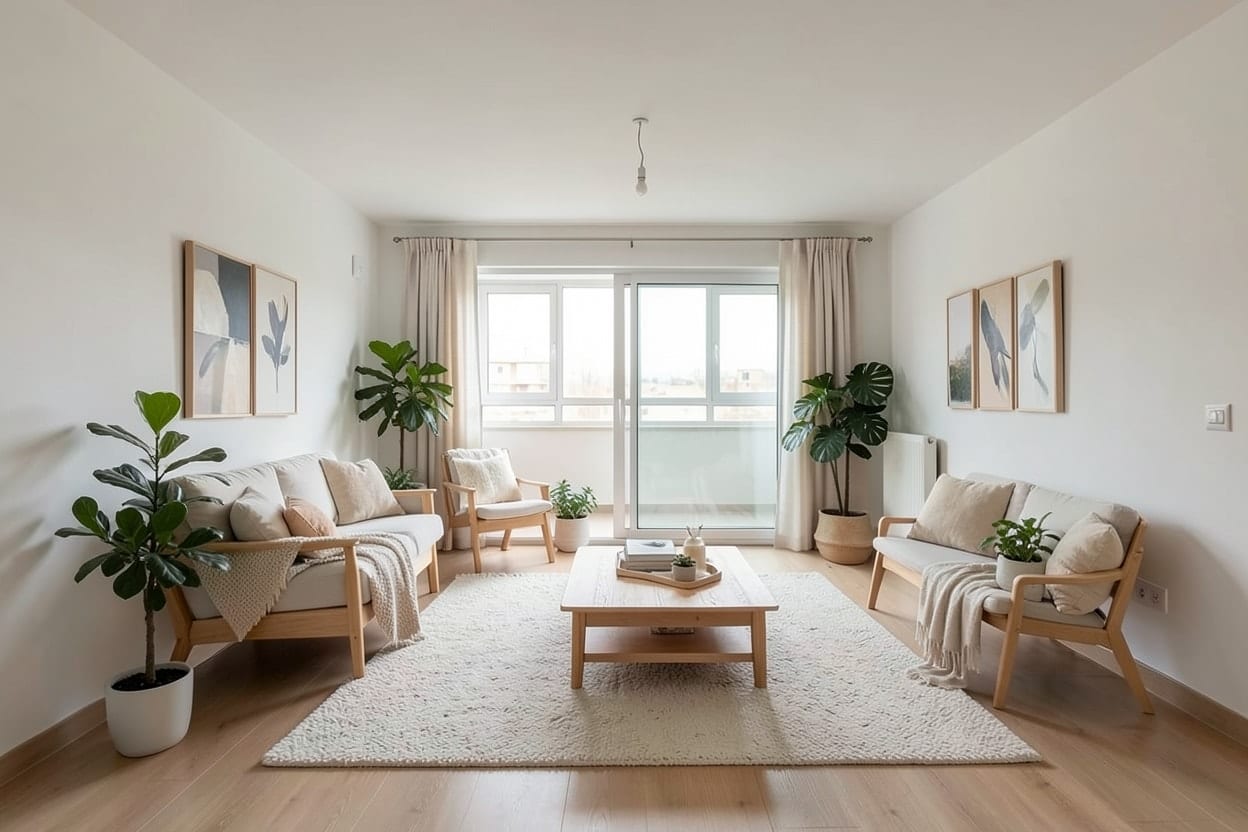 Lo stesso soggiorno arredato in stile scandinavo con divano chiaro, tappeto e legno naturale