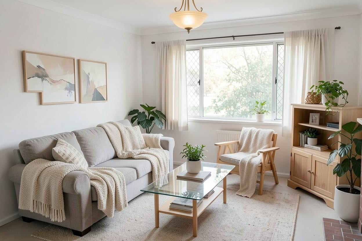 A living room redesigned by AI in Scandinavian style, with pale wood, white walls and soft linen textiles